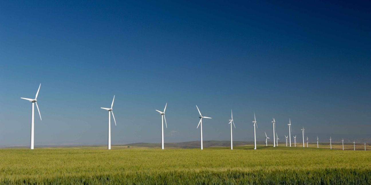 Field with wind turbines as a climate change solution